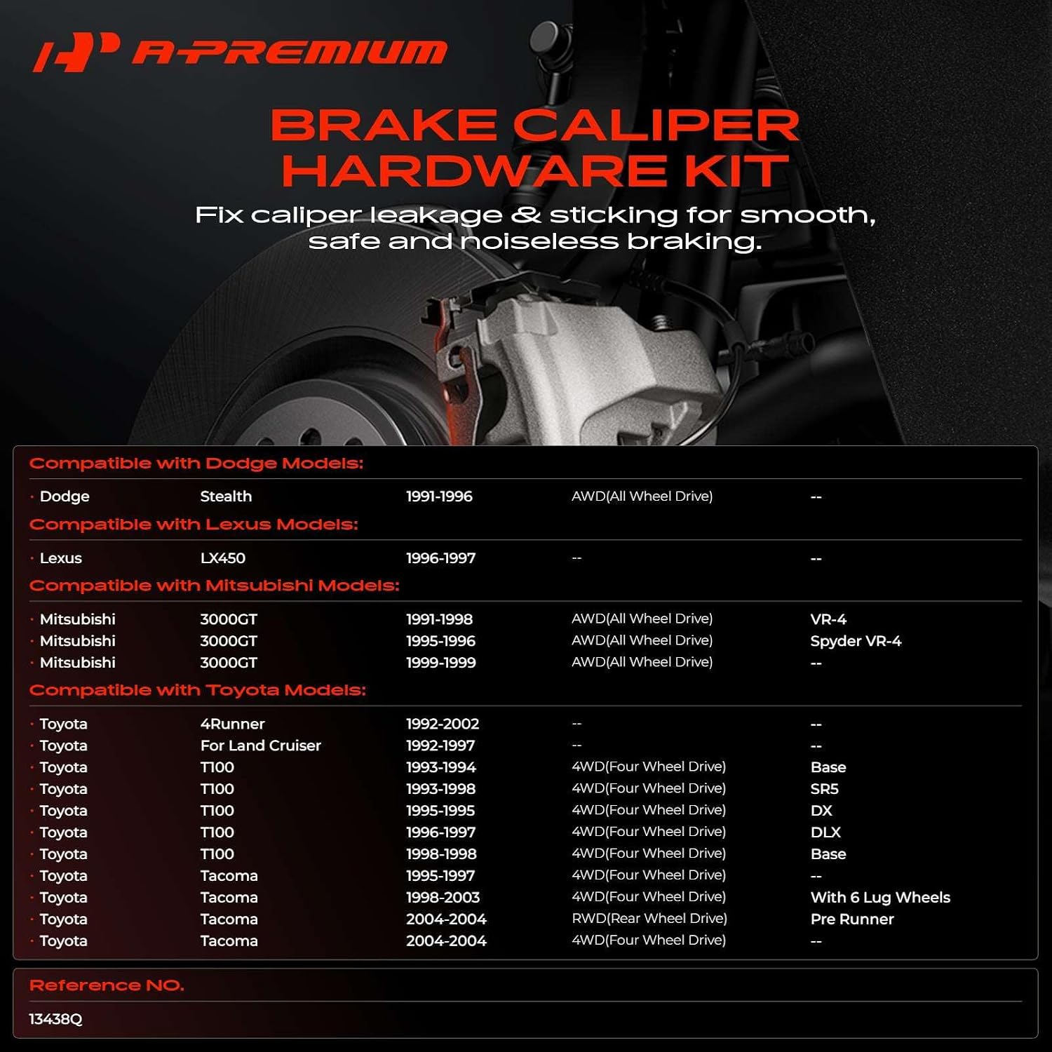 A-Premium Front Disc Brake Hardware Kit | Compatible with Toyota Tacoma 1995-2004, 4Runner, Land Cruiser, T100 & Dodge Stealth & Lexus LX450 & Mitsubishi 3000GT