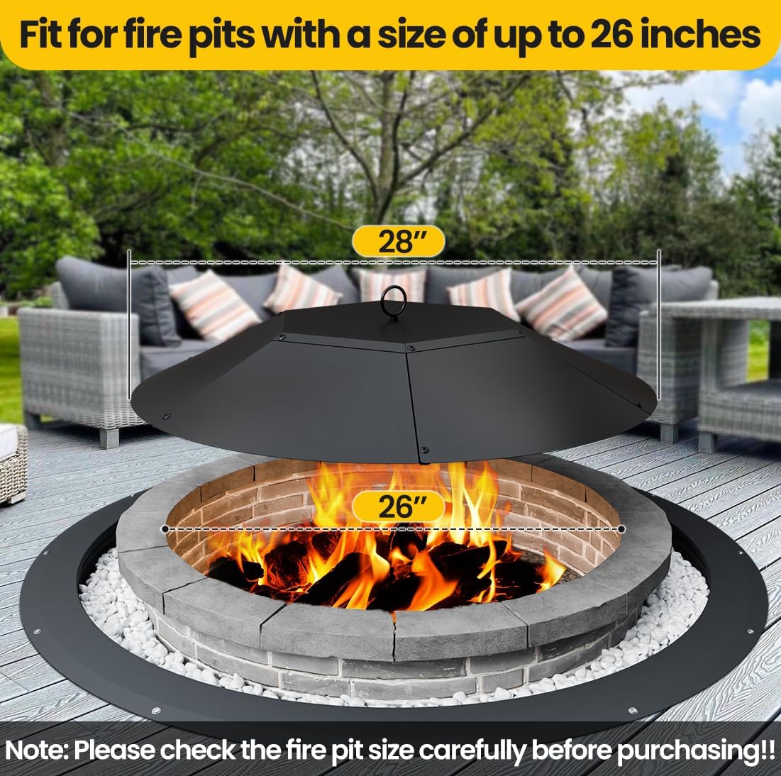 28-inch Round Fire Pit Lid - Metal Fire Pit Lid with Handle & Poker, Fit for Fire Pits up to 26", Heavy-Duty Outdoor Fire Pit Accessory (Black, 28 inch)