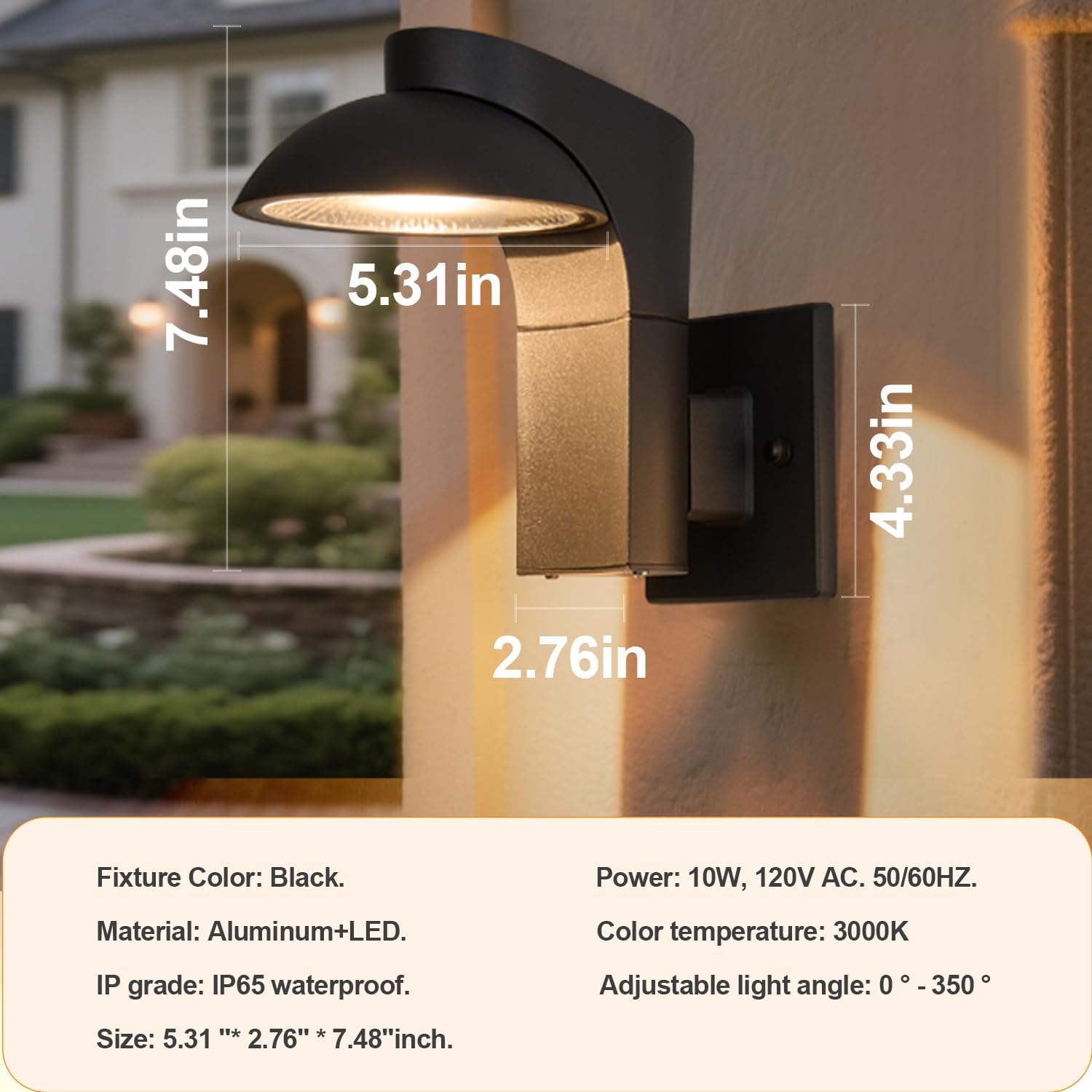 Outdoor Wall Lights 2 Packs, 350-degree rotating lamp head, Sconces Lights IP65 Waterproof, Porch Sconces, 10%-100% Dimmable, 3000k, 120-277V for garages, balconies, courtyards, and entryways