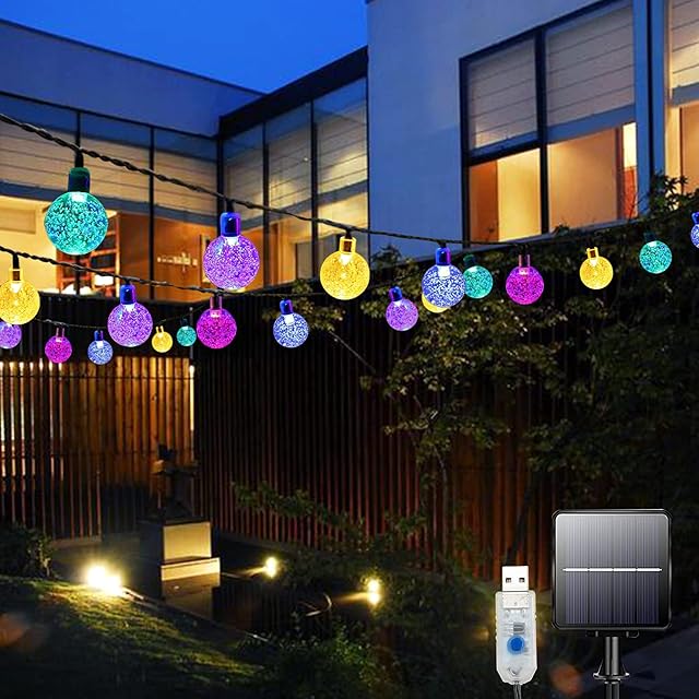 Solar String Lights Waterproof, 60LED 2 in 1 Solar Garden Lights, 26FT 8 Modes USB Powered Outdoor Fairy Lights for Patio, Fence, Gazebo, Party, Wedding Decorations (Multi-Coloured)