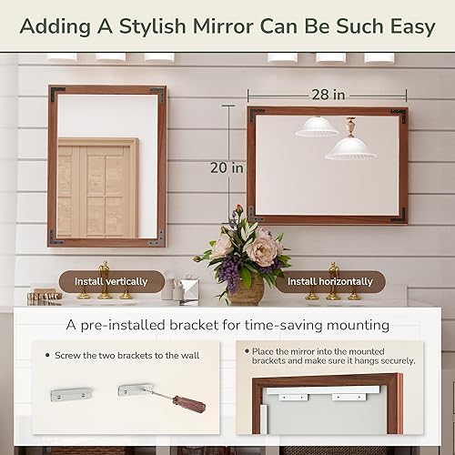 Miniatura 5 de TokeShimi Espejo de baño de 20 x 28 pulgadas, marco de madera rústica, madera natural con detalles de nogal, impermeable, instalación de tacos