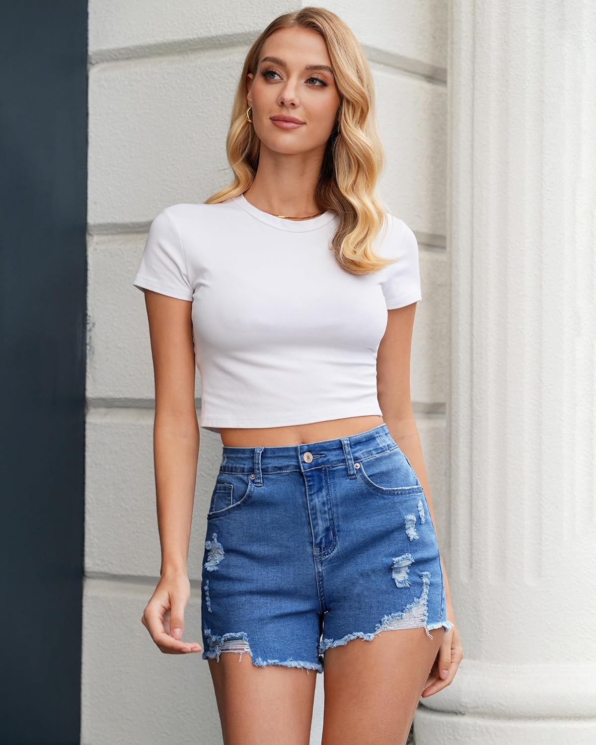 LookbookStore Jean Shorts for Women High Waisted Distressed Frayed Raw Hem Ripped Stretchy Denim Shorts with Pockets - Image 5