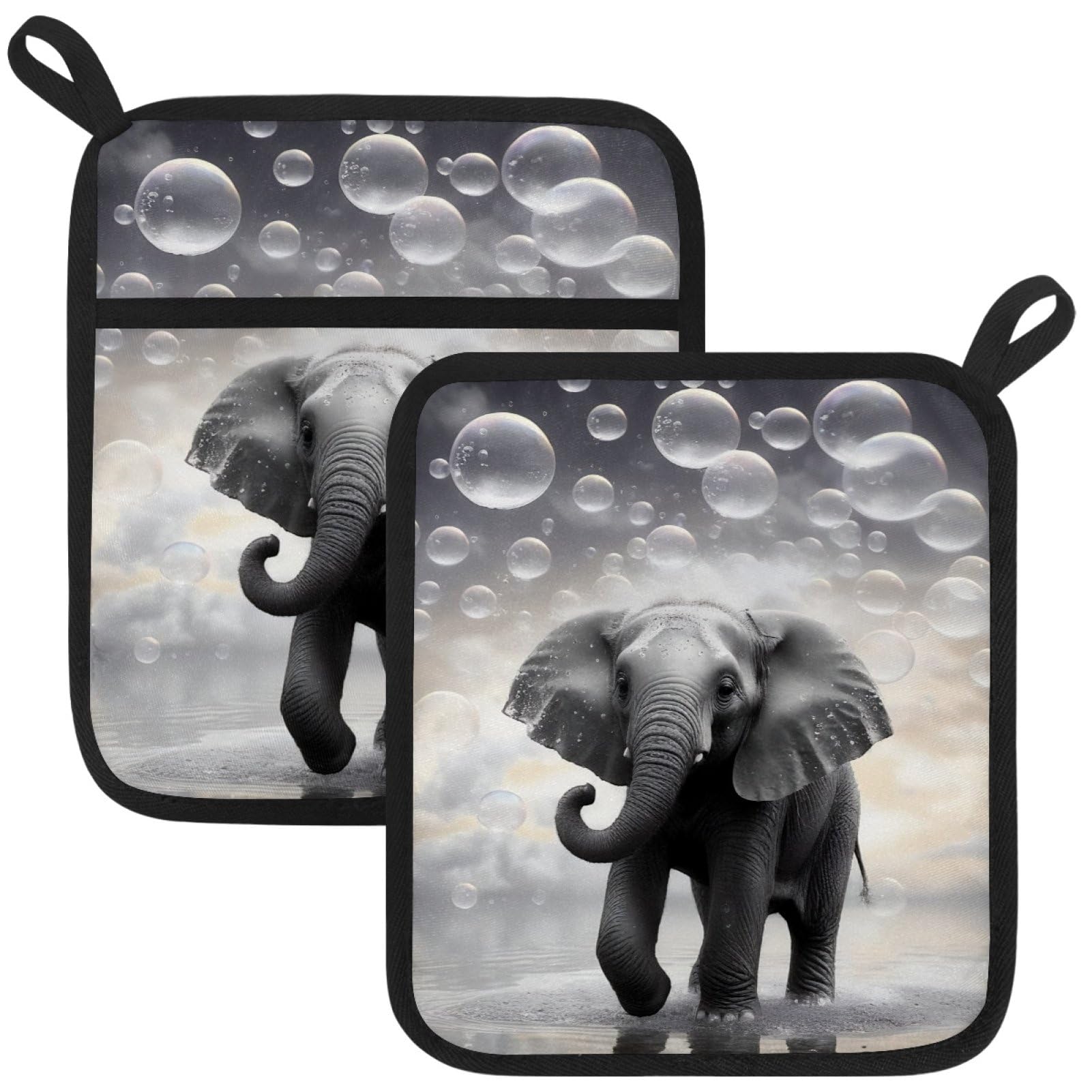 VAPOKF Elephant Bubble Pot Holders with Pocket for Kitchen Heat Resistant Potholders Large Polyester-Cotton Square Oven Mitts Set