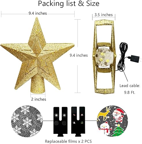 Miniatura 3 de Bluezeze - Proyector de estrella dorada con luces LED giratorias, copos de nieve y Papá Noel, decoración de estrella hueca para árbol de Navidad