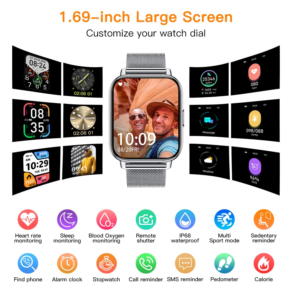 CanMixs Smart Watch displaying various watch faces and features