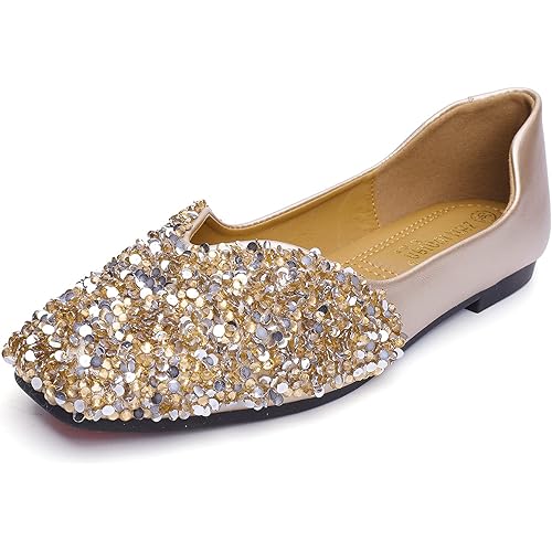 QXCGDYXT Flats Shoes Women Rhinestone Square Fashion Ballet Flats Wedding Flats for Women Comfortable Slip on Low Heel Dress Shoes