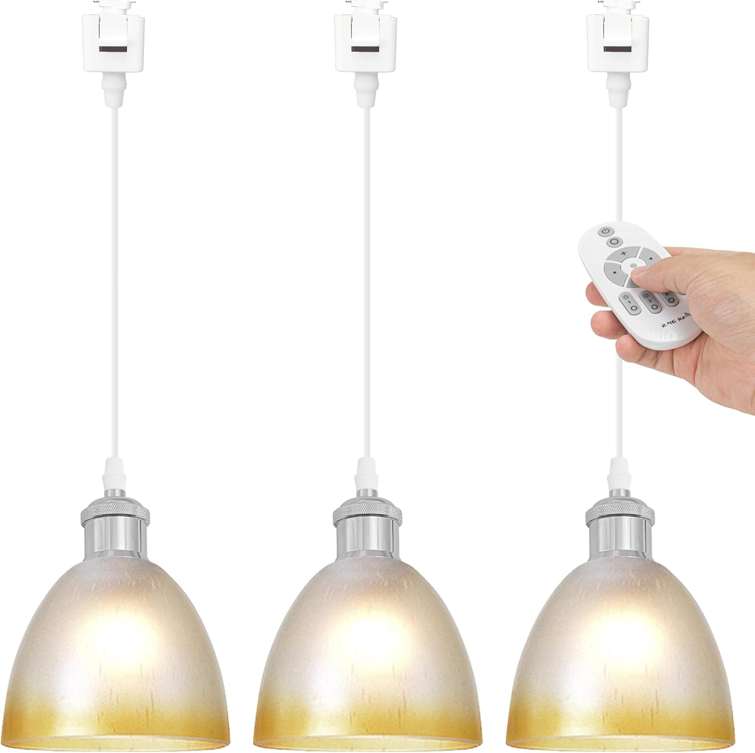 Kiven J-Type track lighting pendants,Modern J track pendant lights with Glass Globe,3-Light Track Lighting Fixture Dimmable for Kitchen Island Hallway Restaurant,Silver Socket