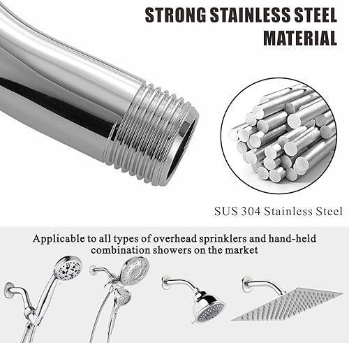 Miniatura 5 de Voolan Brazo de ducha con brida y cinta de teflón, brazo de extensión para cabezal de ducha fijo para baño, acero inoxidable sólido, montado en la