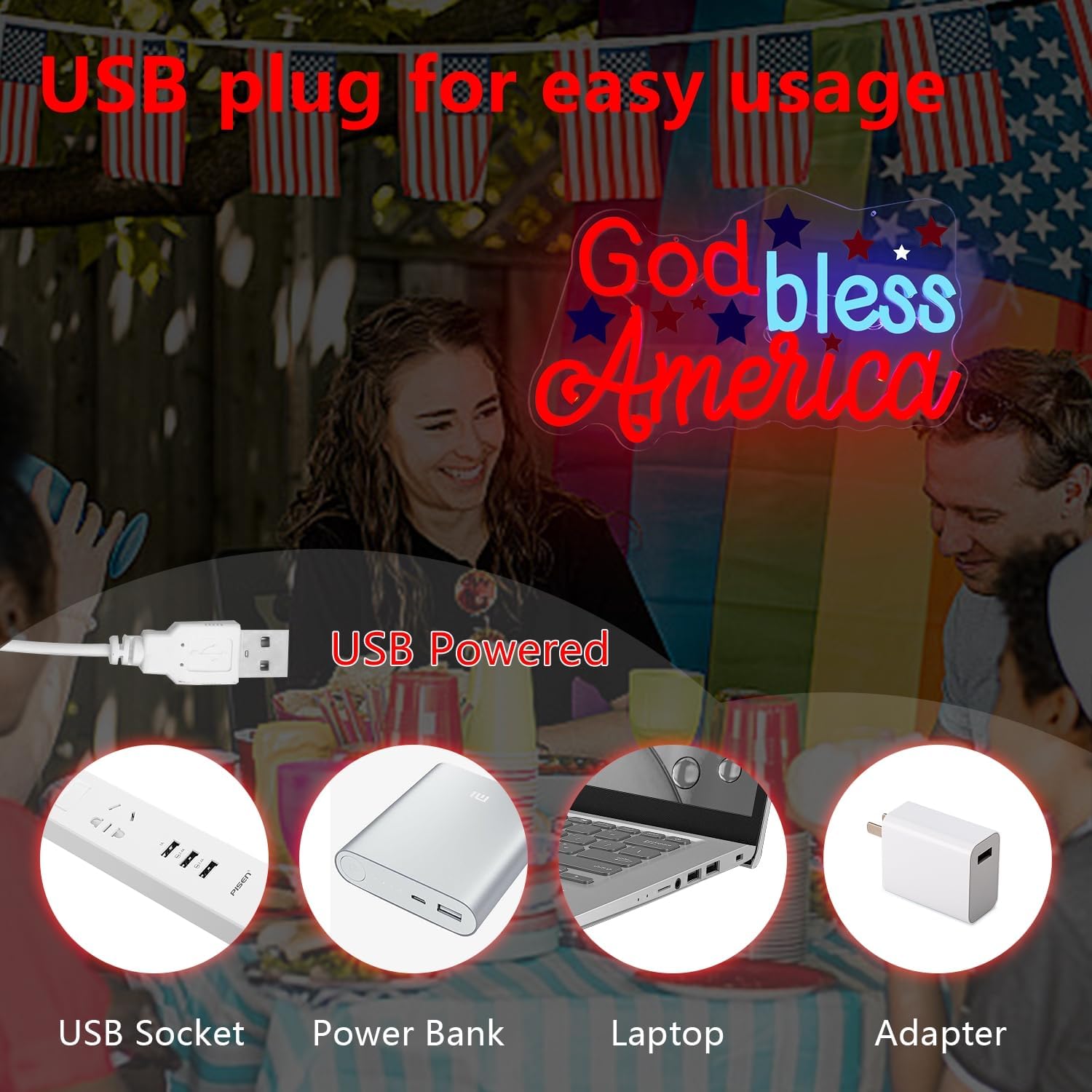 God Bless America Neon Sign for Wall Decor 4th Of July Led Sign Dimmable Independence Day Neon Light Up Sign with Printing Stars for 4th Of July Decorations Theme Party Home Bedroom Living Room Gift