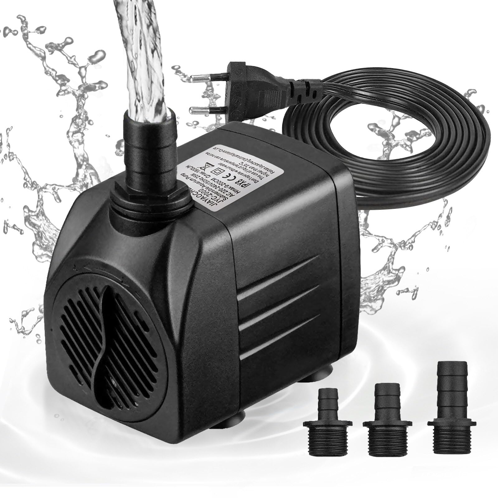 Mini Pompa per Acqua, Pompa per Laghetto, Acquario, Fontana (1800 l/h, 25 W), Altezza Massima di Spruzzo 2 m, Ventose nella Parte Inferiore, Cavo Spina 1,8 m con 3 Ugelli