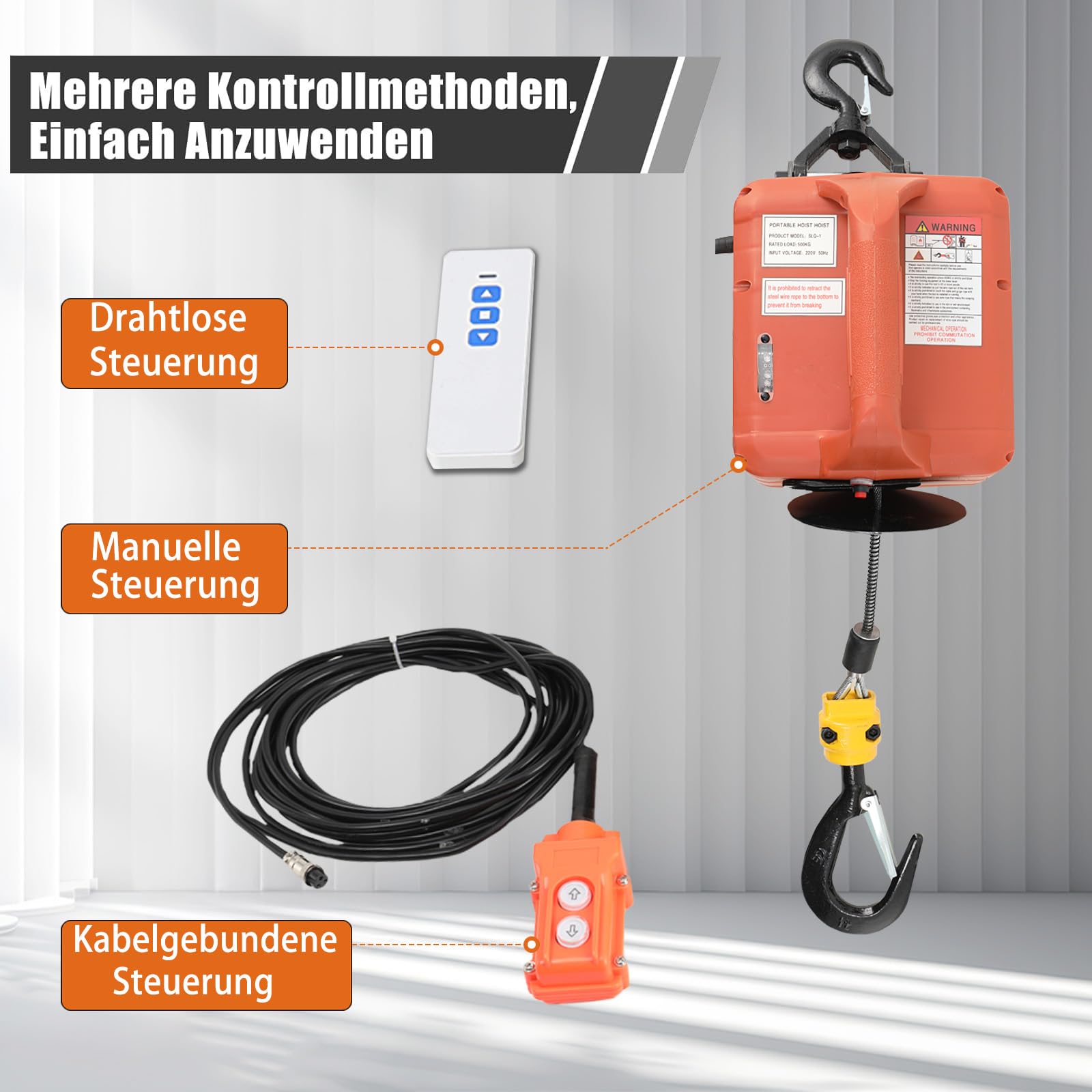 Elektrische Seilwinde 500kg 1500W 230V Funkfernbed. Hub 7,6m | Tragbare Seilwinde 5m/min, mit Fernbedienung, für Garage/Baustelle.