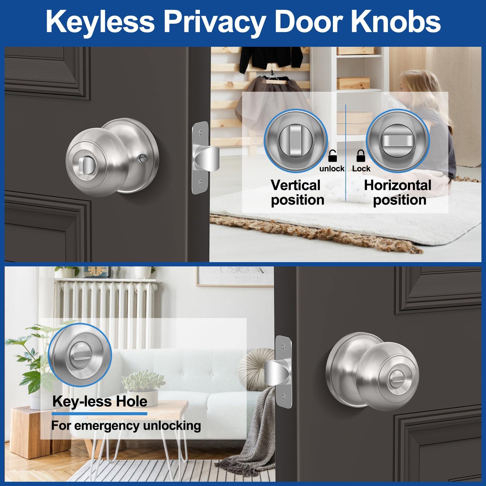 Privacy Door Knobs - Keyless Security 6 Pack -2