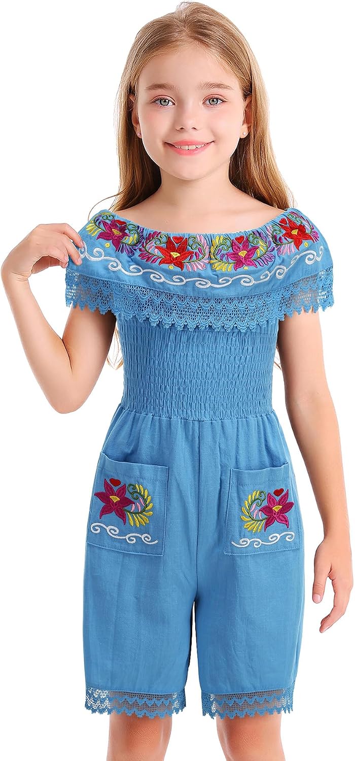 Vackutliv Mexican Jumpsuit For Girls Traditional Embroidered Kids Outfit