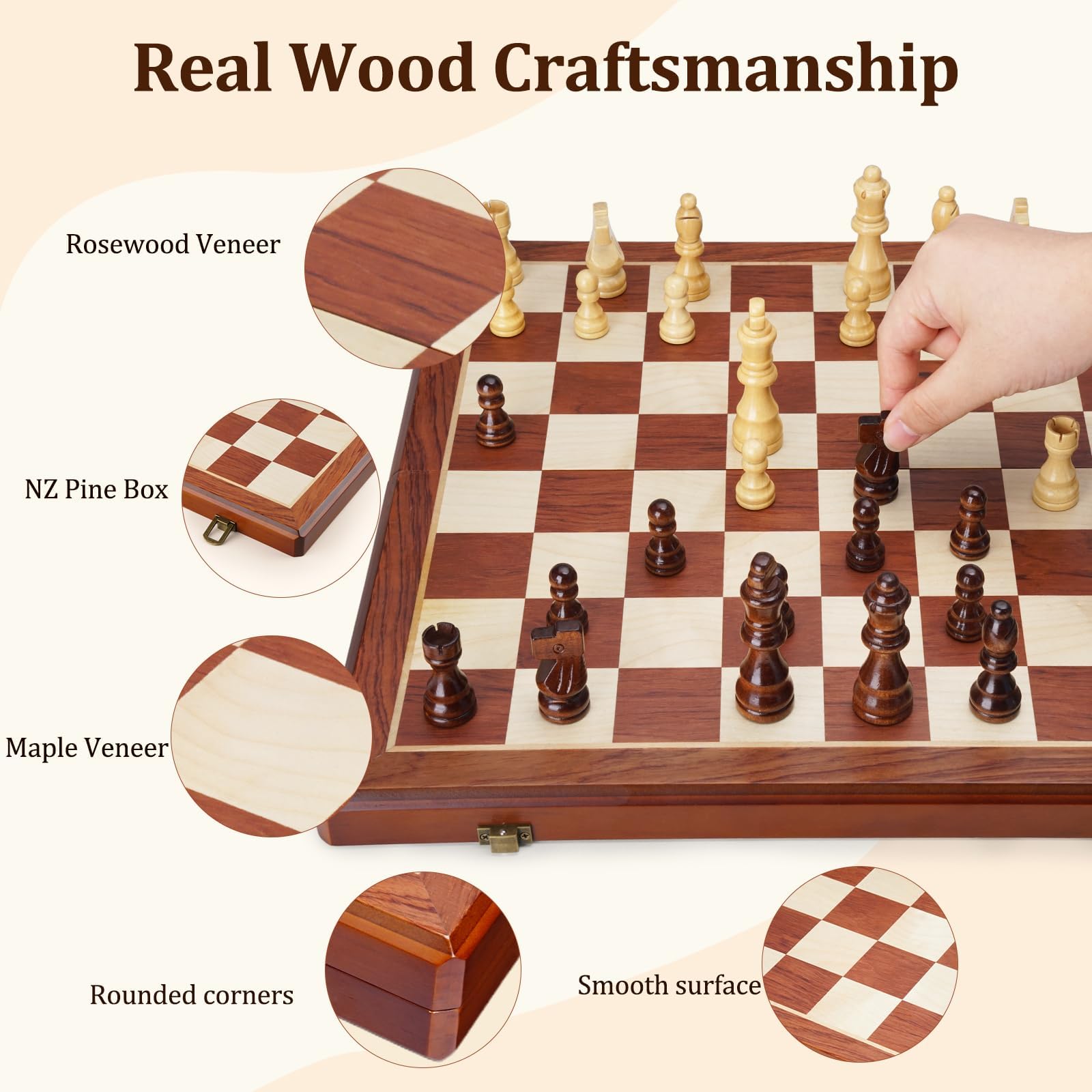 Magnetisches Schach-Set aus Holz für Erwachsene und Kinder, handgefertigt, faltbar, mit individuellen Aufbewahrungsfächern, 2 zusätzlichen Königinnen, tragbares Reise-Schach-Set, Heim- und
