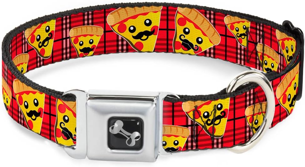 Dog Collar Seatbelt Buckle Pizza Man Plaid Red 9 to 15 Inches 1.0 Inch Wide, DC-W34237-S
