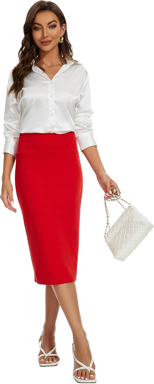 BSXIJIE Women’s High Waist Stretch Office Work Pencil Skirt Midi Nylon Ponte Bodycon Skirt - Image 3