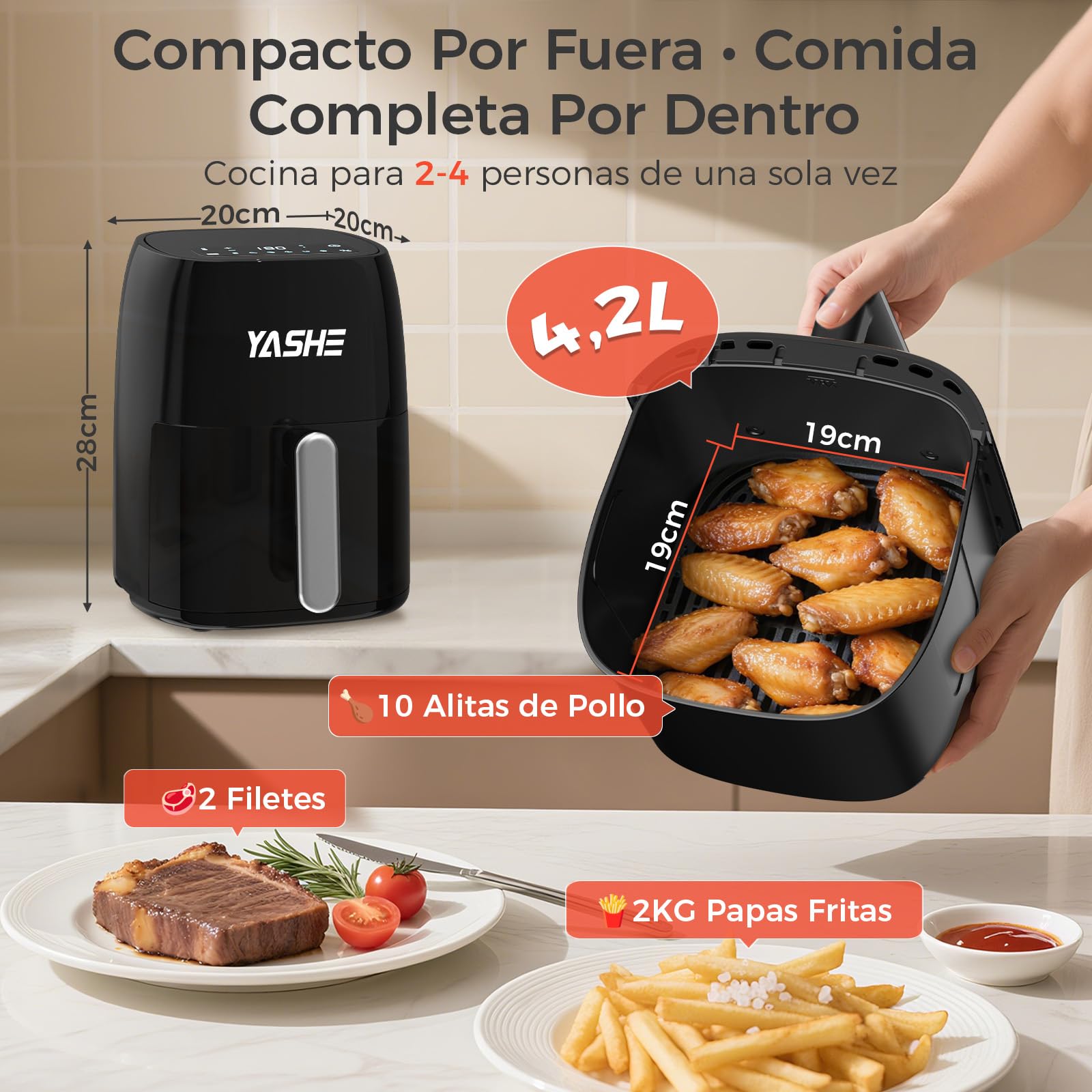 YASHE 4,2L Freidora Aire con Pantalla Táctil LED de Vidrio Templado, 1500W Sin Aceite Air Fryer 6 Programas Automáticos, Temperatura y Tiempo Ajustables, Cesta Antiadherente Apta para Lavavajillas