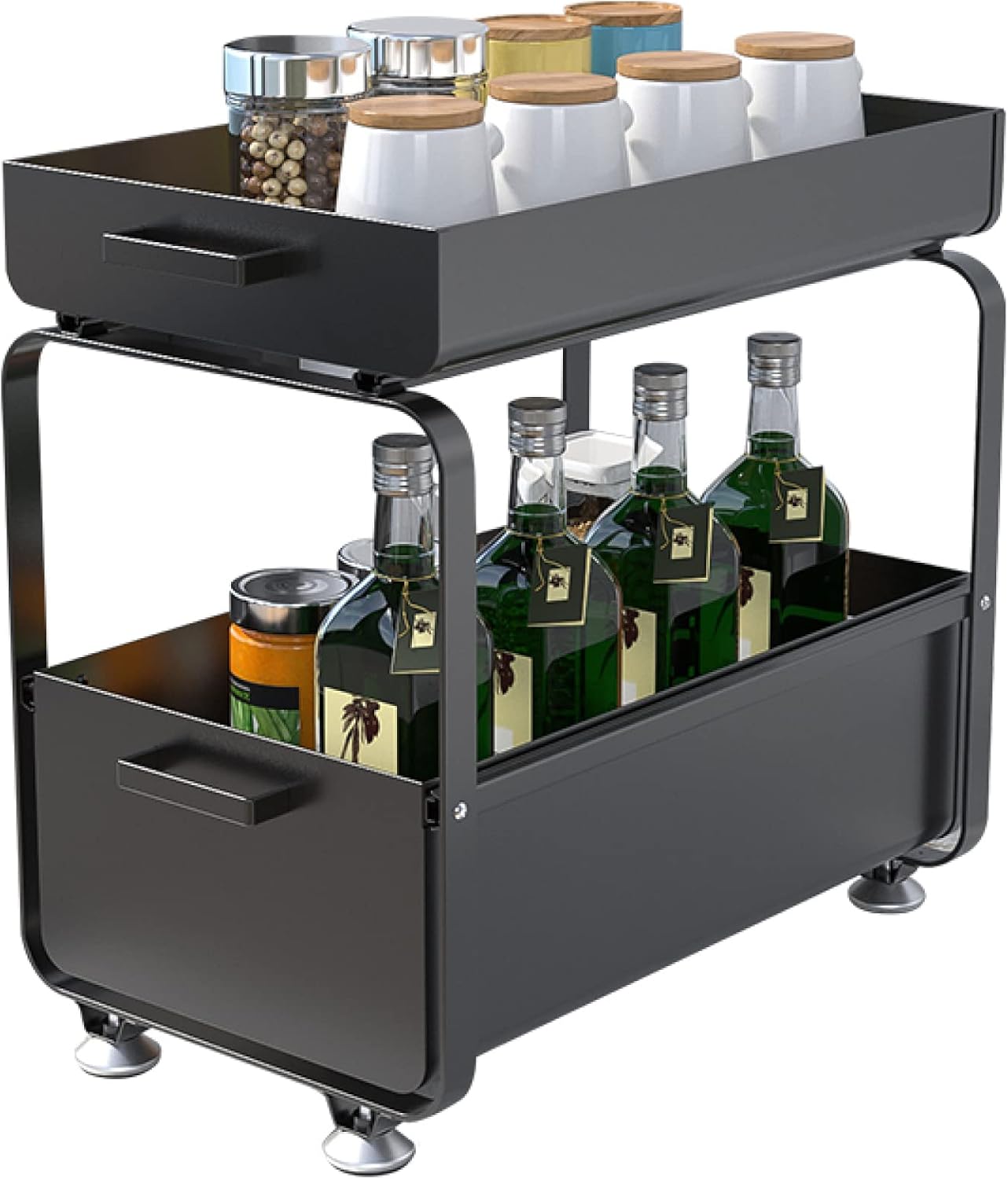 Kitchen Organizer Push and Pull Under Sink Organizer - 2 Tier Metal Sliding Cabinet Basket Organizer Drawers - Kitchen Bathroom Corner Storage Rack Shelf - Loading 20kg/44lbs / White (Black )