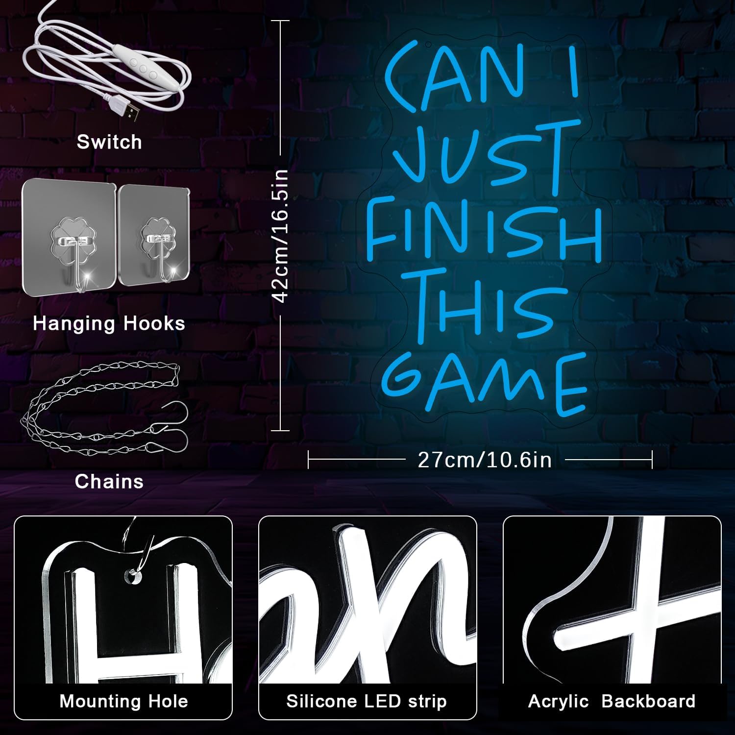 Game Neon Sign Gamer Neon Light for Gaming Room Decor Blue Letter Neon Light Sign for Teens Kid Zone Boy Bedroom Wall Decor (Can I Just Finish This Game)