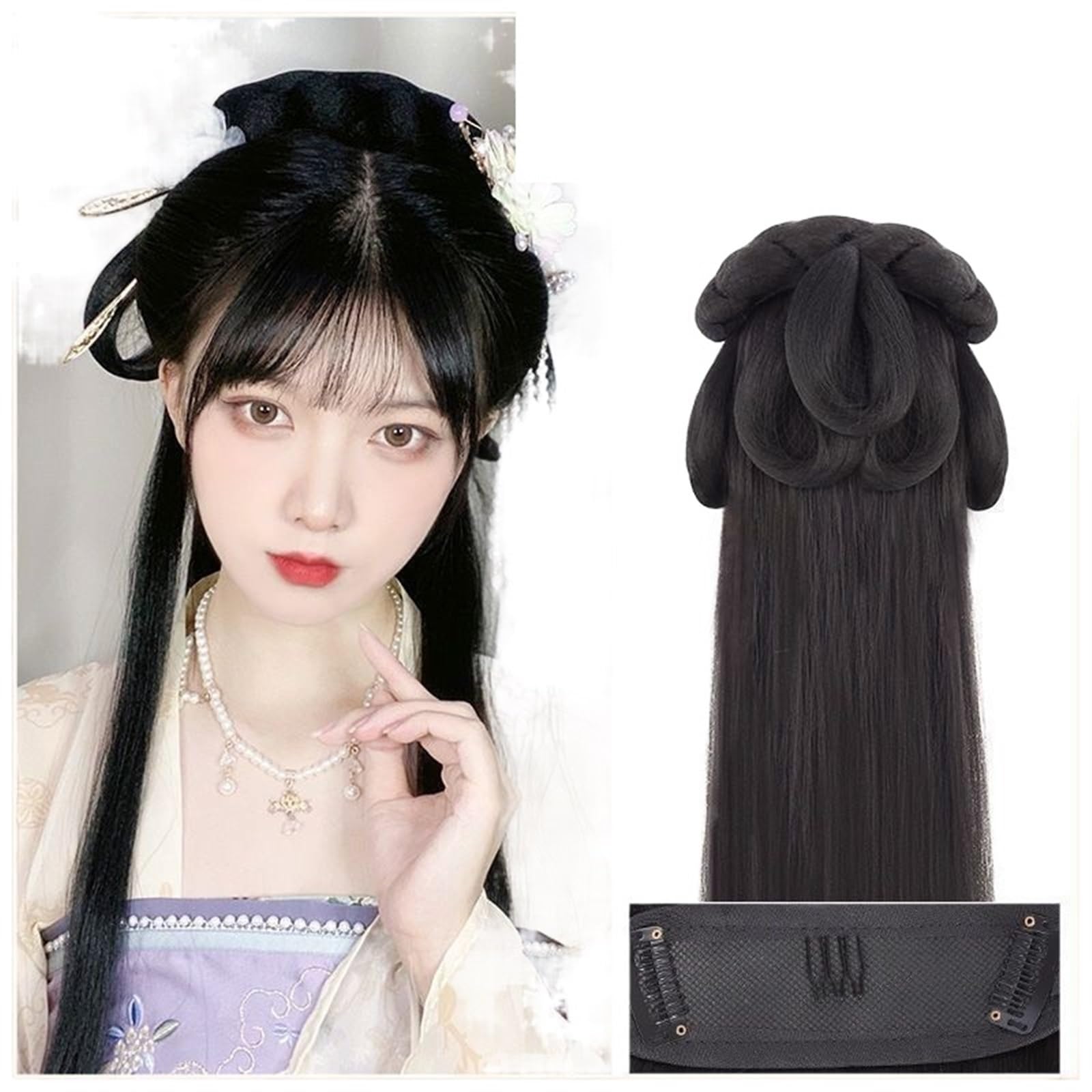 LYHHGS Hanfu Cosplay Wigs Women Black Anime Ancient Chinese Hanfu Wigs Headgear Accessories Hanfu Long Straight Wigs Black Wig Headband (Color : V)