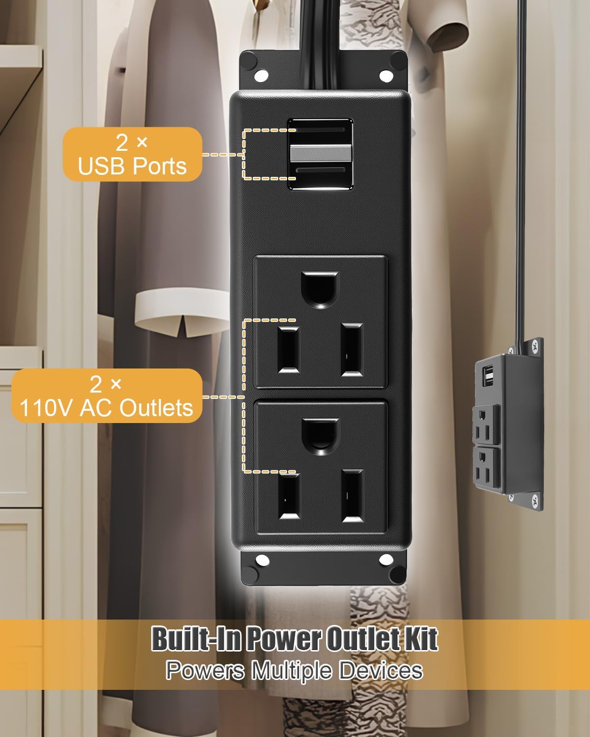 Gun Safe Dehumidifier Rod with Power Outlet Kit – High-Heat Moisture Control, 2 AC and 2 USB Ports, Slim Aluminum Heater Rod for Gun Safes Cabinets Closets, 12 inch