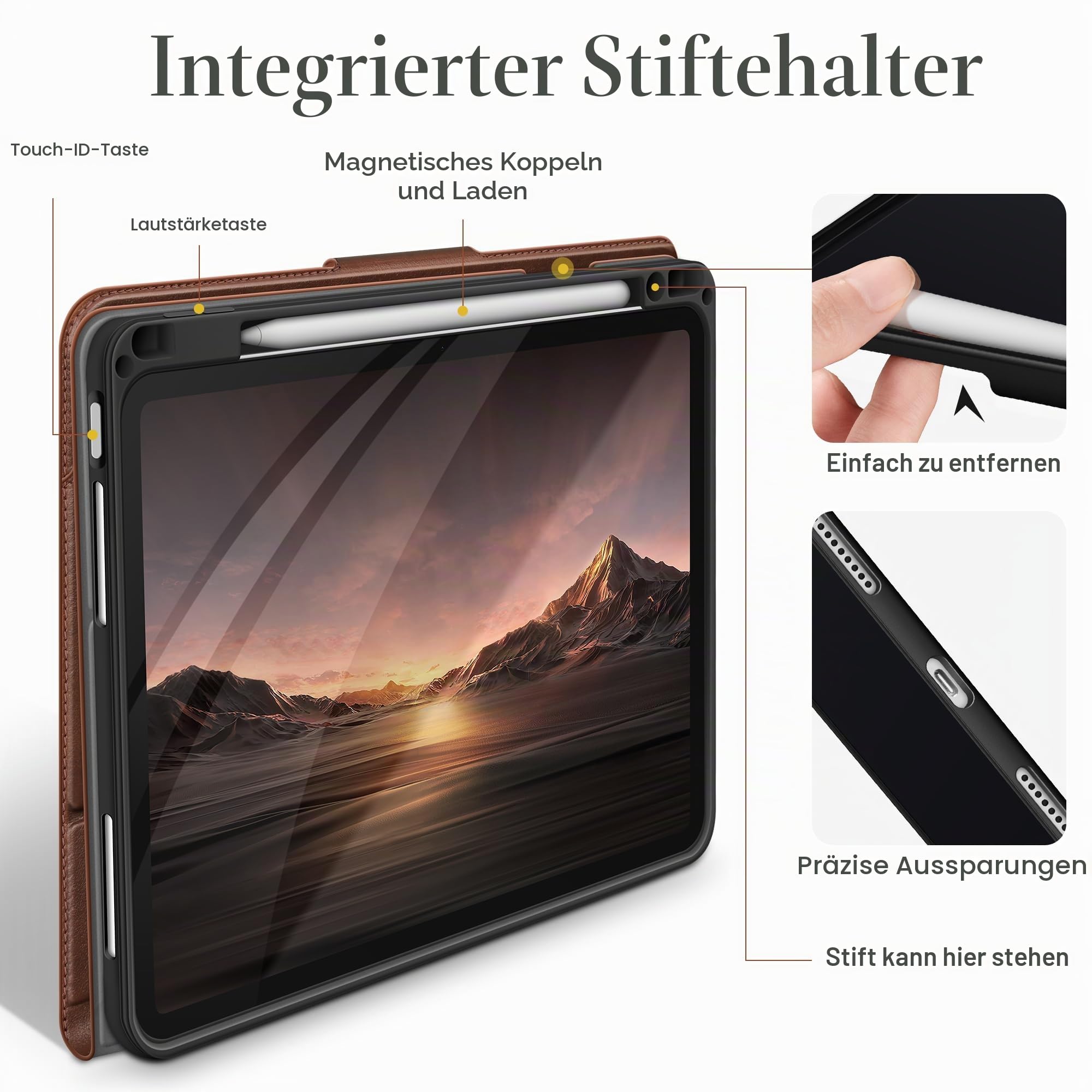 AUAUA Hülle für iPad Air 11 Zoll M3/M2 (2025/2024), iPad Air 5./4. Generation 2022/2020 10,9 Zoll, mit Stifthalter und Tasche, Multi-Winkel Ständer, Magnetverschluss, Auto Wachen/Schlafen (Braun)