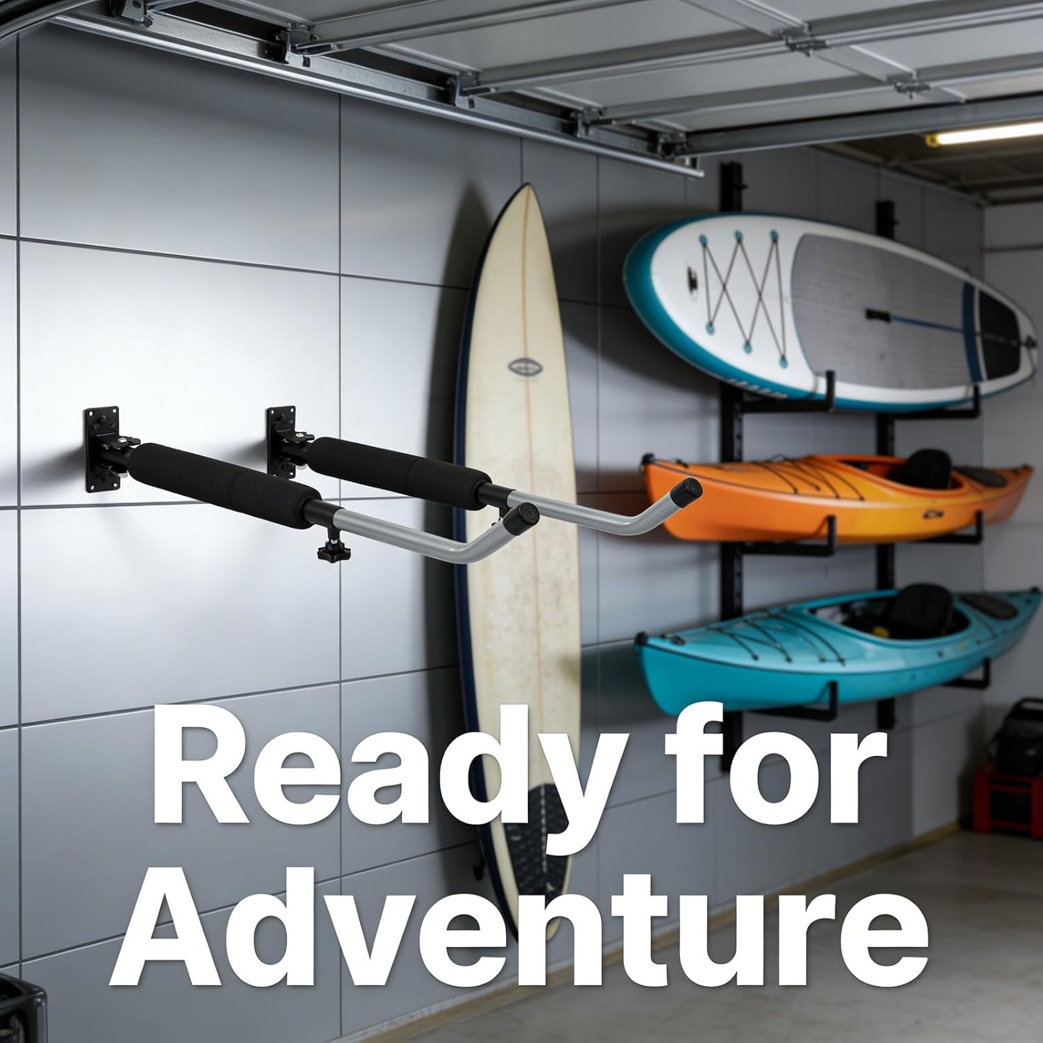 Surfboard Storage Rack, Wall Mount Retractable Length, Aluminum Alloy with EVA Foam, Space Saving Design - Durable Rust, Easy Install, Fits Kayaks Canoes Snowboards