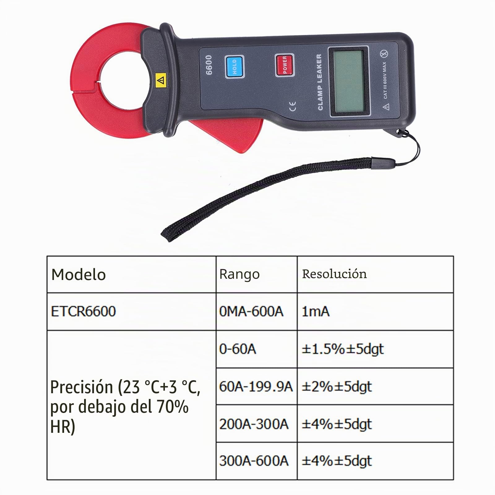 Eujgoov Medidor de Pinza, ETCR-6600 Probador de Corriente de Fuga AC 0mA-600A Multímetro de Amperímetro Eléctrico con Pantalla LCD