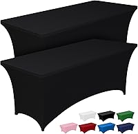Pureegg 6ft Spandex Tablecloth 2-Pack Black - Wrinkle-Free Fitted Rectangle Table Cover for Weddings, Parties, Banquets