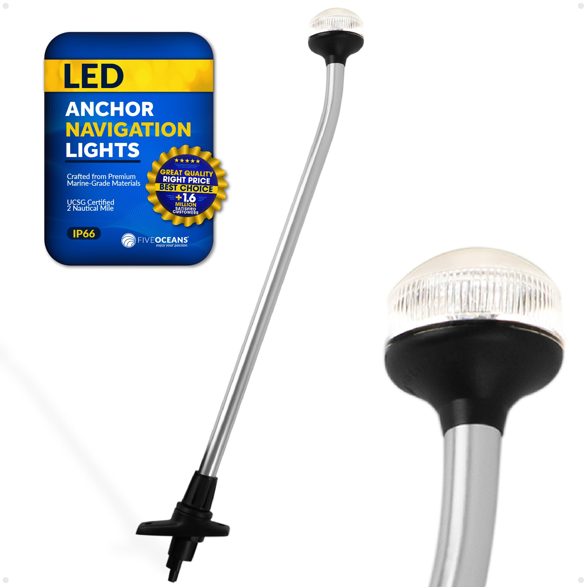 Five Oceans 24-Inch Anchor Light, 2NM USCG Approved, 12V DC, Stern Light with Removable Pole, Fixed LED Plug-in Mount for Pontoon, Fishing & Bass Boats - FO1883