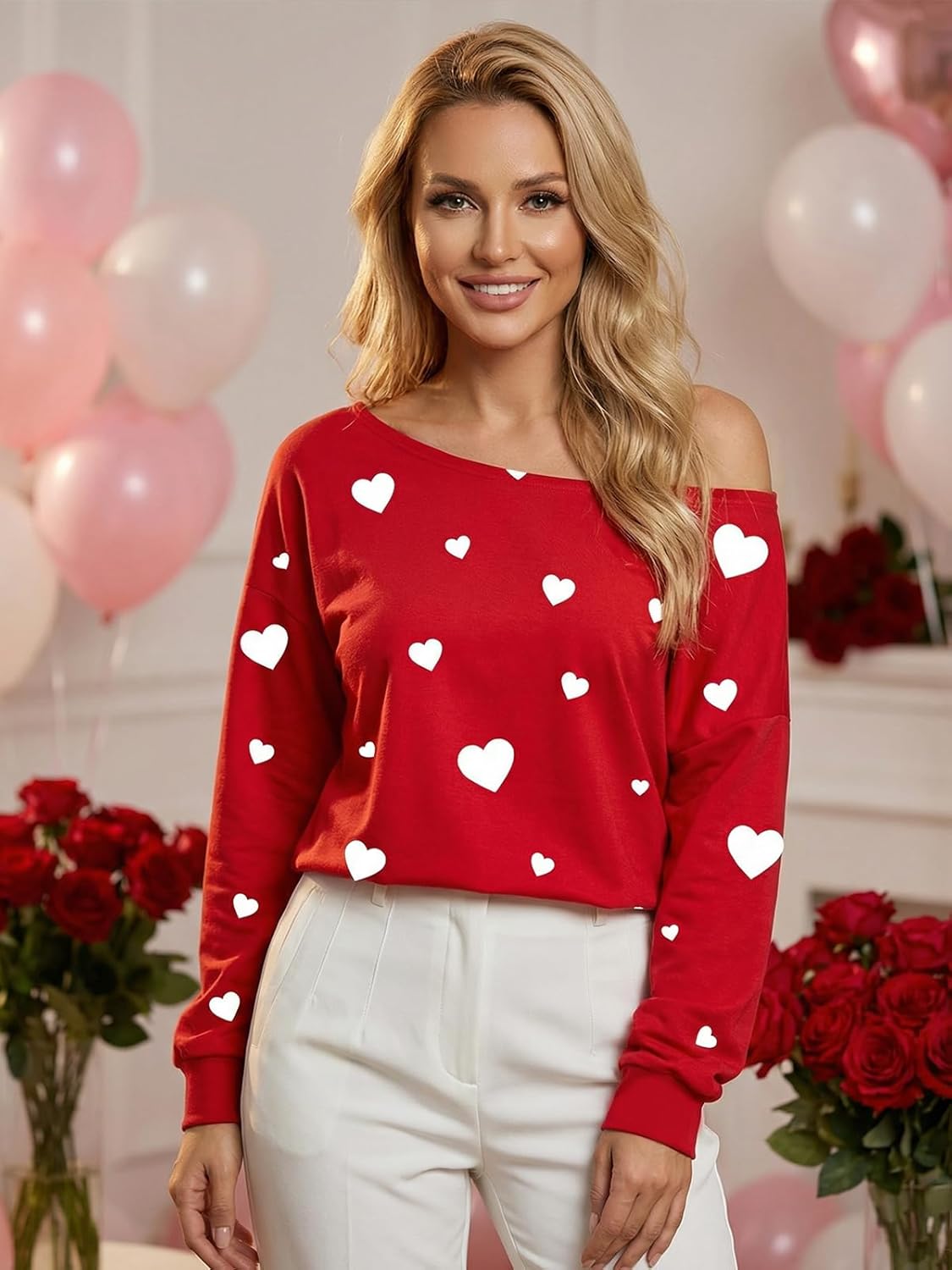 Valentines Shirts for Women Love Heart Graphic Off Shoulder Long Sleeve Shirt Cute Valentine's Day Gifts Tee Tops - Image 3