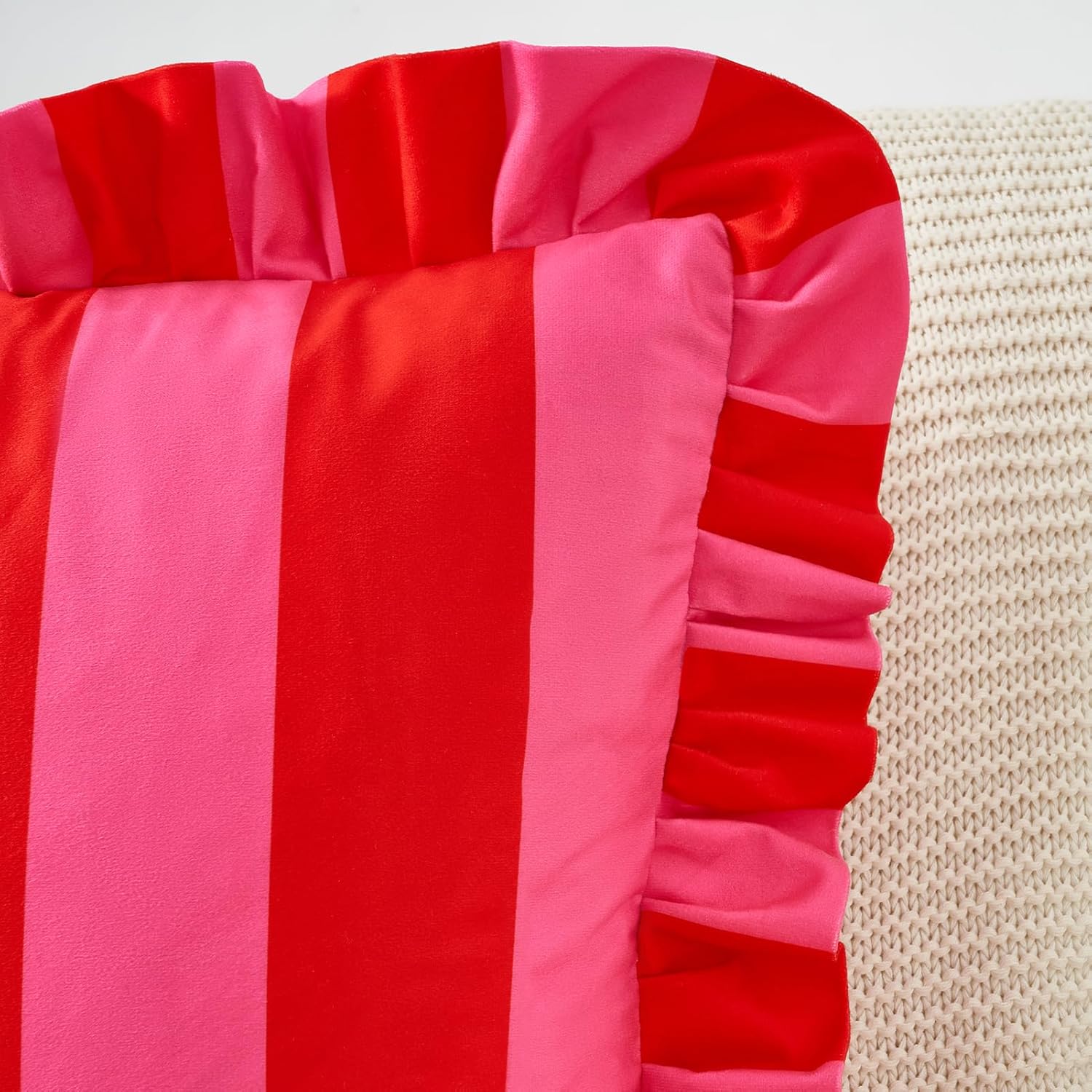 MONDAY MOOSE Decorative Throw Pillow Covers, Set of 2 Water-Resistant Striped Design with Ruffle Edge for Outdoor/Indoor Use, Pillow Inserts Not Included (20x20 inch, Hot Pink/Red)