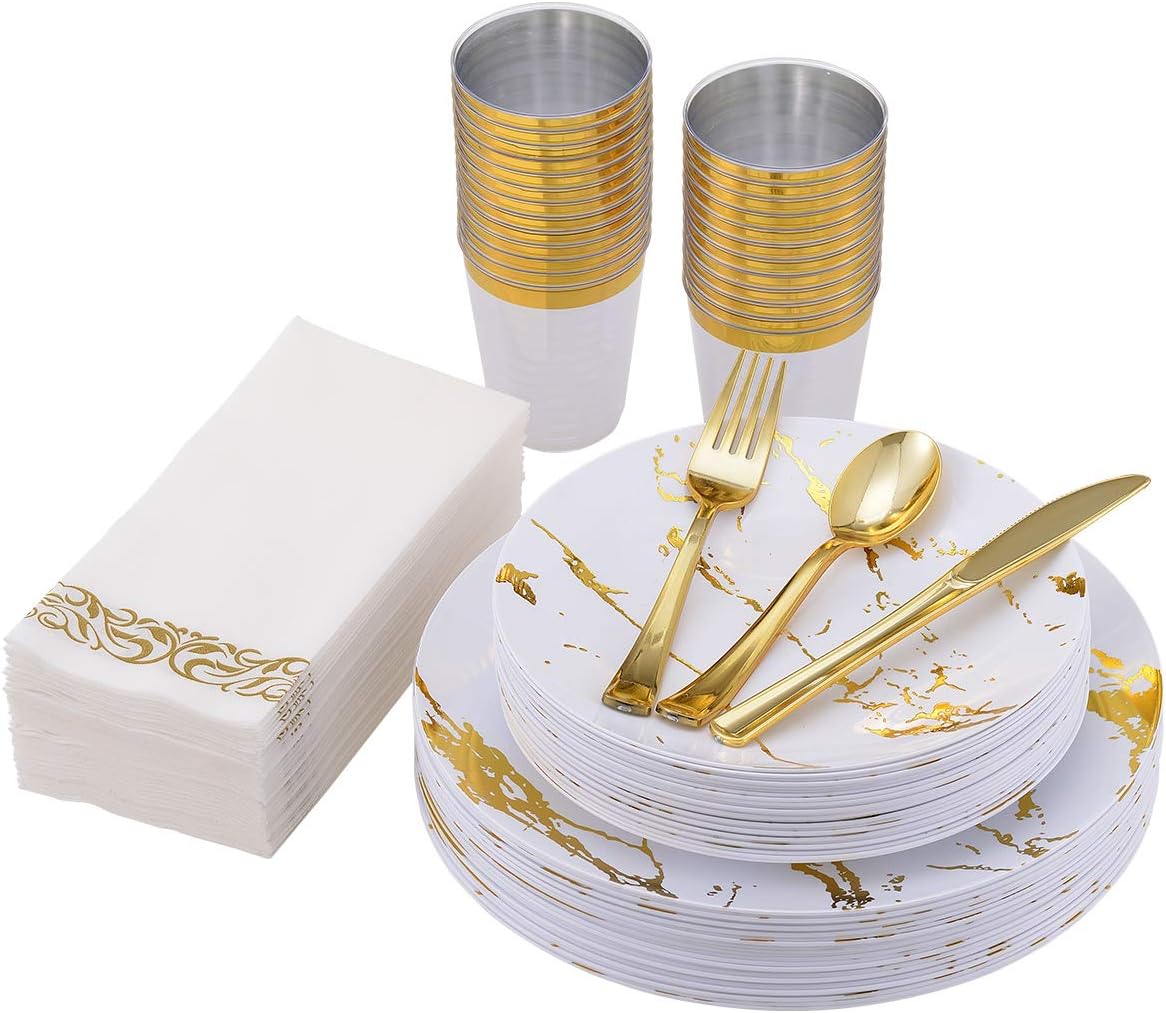 Vplus175 Count White and Gold Marbling Plastic Plates Sets, Disposable Dinnerware Sets for Party, Include 25 Dinner Plates,25 Dessert Plates,25 Forks,25 Knives,25 Spoons,25 Cups, 25 Napkins