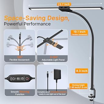 Syrinx LED Desk Lamp for Home Office, 18W 2000LM Dual Head Architect Lamp | Wide-Area Eye-Caring Lighting, Adjustable Gooseneck, Gesture & Wired Control, Memory & Timer, 50 Modes for Study & Crafting