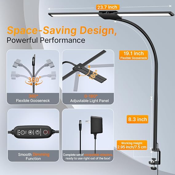 Syrinx LED Desk Lamp for Home Office, 18W 2000LM Dual Head Architect Lamp | Wide-Area Eye-Caring Lighting, Adjustable Gooseneck, Gesture & Wired Control, Memory & Timer, 50 Modes for Study & Crafting