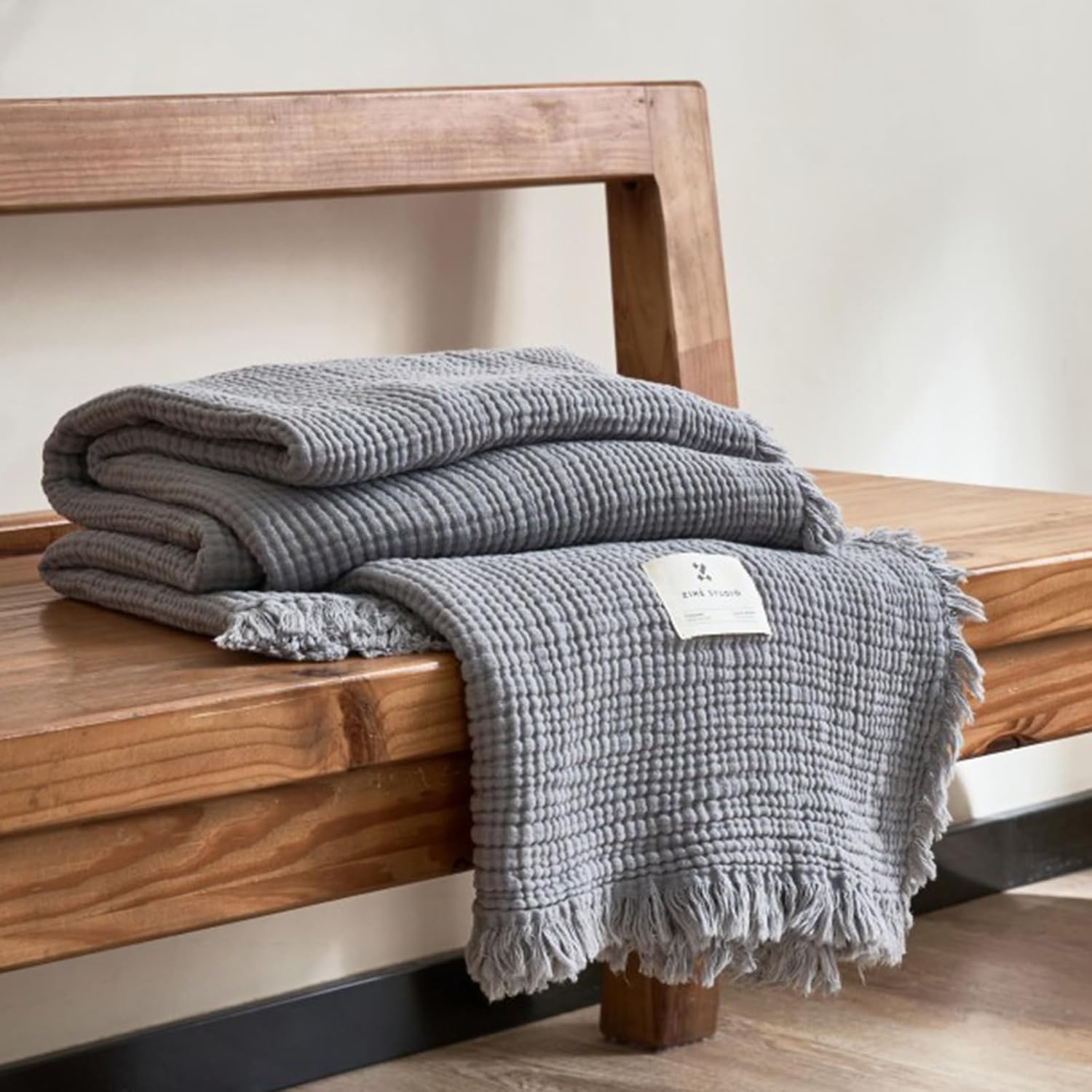 MorroMorn 100% Cotton Muslin Throw Blanket with Fringes 50"x60", 4-Layer Cotton Gauze Blankets for Adults, Boho Bedding Breathable Lightweight Ultra-Soft for Couch Bed Sofa All Seasons, Grey