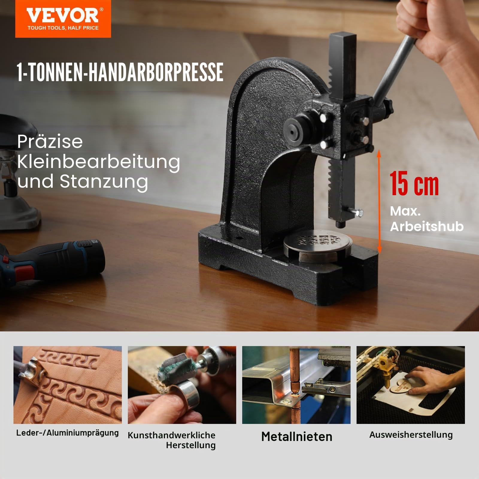 VEVOR Dornpresse 1 t Handhebelpresse 150 mm Maximale Höhe Gusseisen Desktop-Stanzpresse
