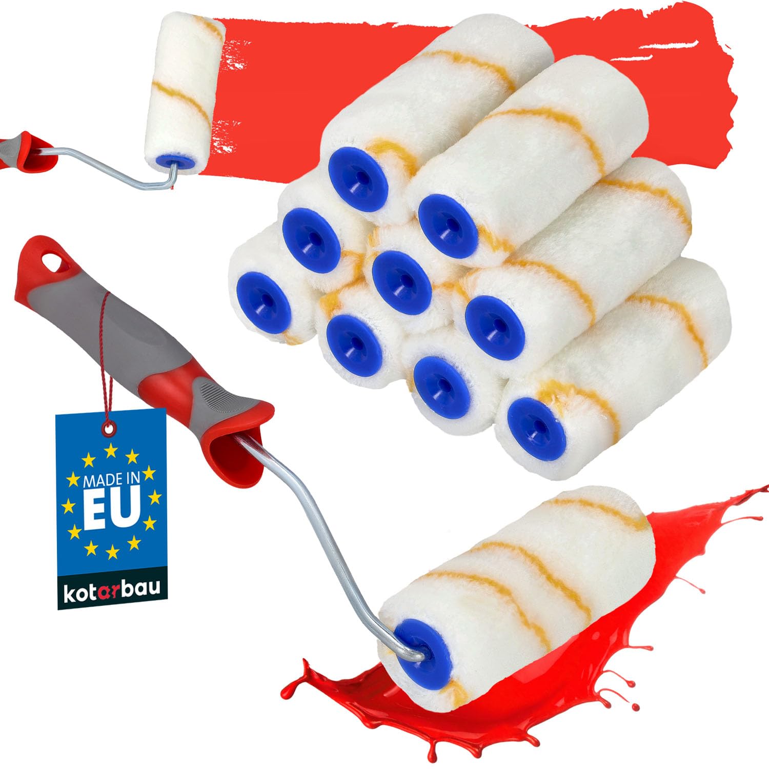 KOTARBAU - 10-Piece Paint Roller Set, 100 mm with Rubber Handle, Brush for Painting and Renovation