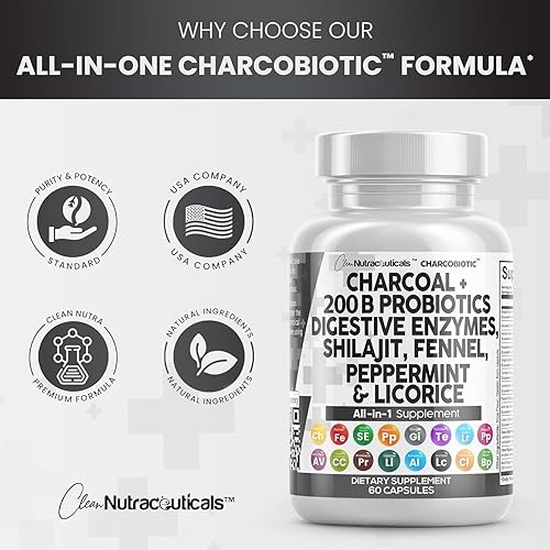 Miniatura 4 de Clean Nutra - Cápsulas de carbón activado Shilajit, enzimas digestivas probióticas para la salud digestiva con menta, hinojo, regaliz, papaína,