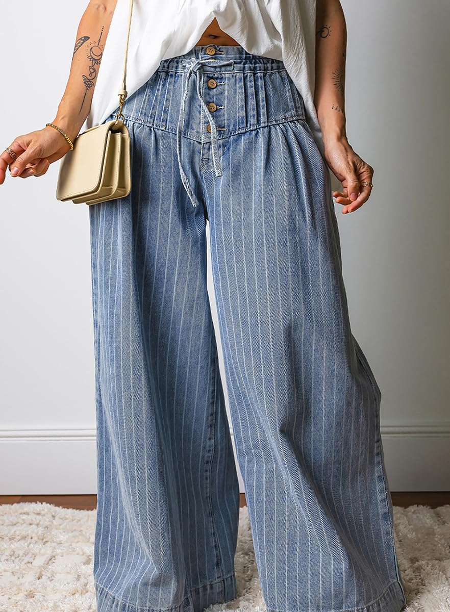 chouyatou Women's Baggy High Waist Striped Denim Pant Boyfriend Y2k Pleated Flared Wide Leg Culotte Jeans