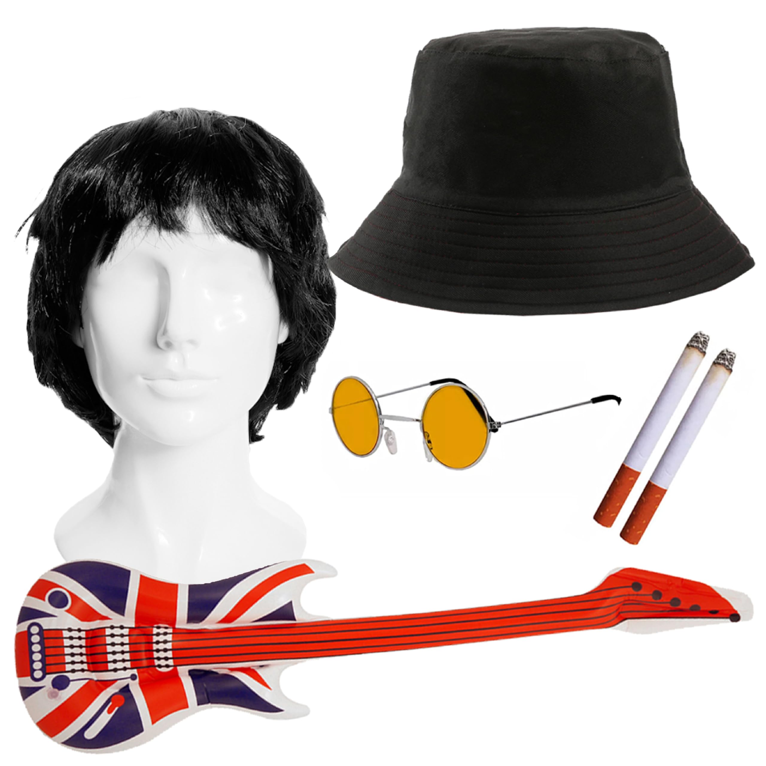 Adults Rock Band Accessory Set - Black Wig, Black Bucket Hat, Round Blue Glasses, Inflatable Guitar, Fake Cigarettes - Adults 7-Piece Music Best of British Fancy Dress Accessory Set
