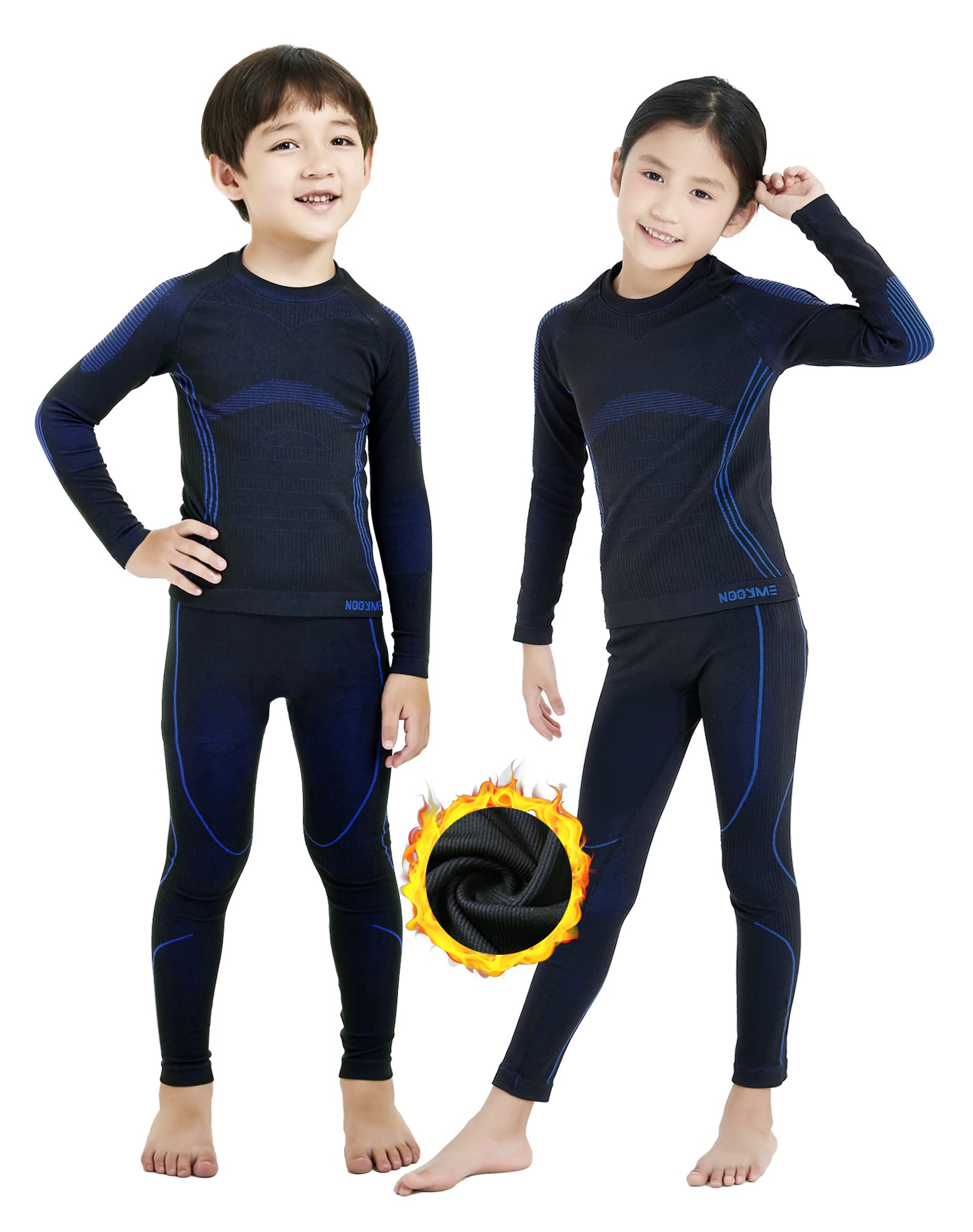 NOOYME Funktionsunterwäsche Kinder Skiunterwäsche Thermounterwäsche Kinder Atmungsaktiv & Hautfreundlich Sportunterwäsche Fussball, Schwarz-blau (128/134) 130-135cm