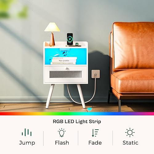 Miniatura 5 de Juego de 2 mesitas de noche con estación de carga y tiras de luz LED, mesita de noche con cajón decorativo de cristal, mesa auxiliar con pies de