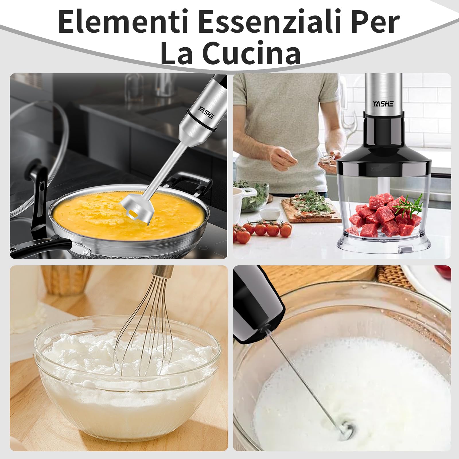 Frullatore a Immersione 5 in 1, Frullatore Elettrico 1000W, Velocità Regolabile Continuamente, Set Frullatore in Acciaio Inossidabile con Tritatutto da 500ml, Bicchiere Graduato, Frusta e Montalatte