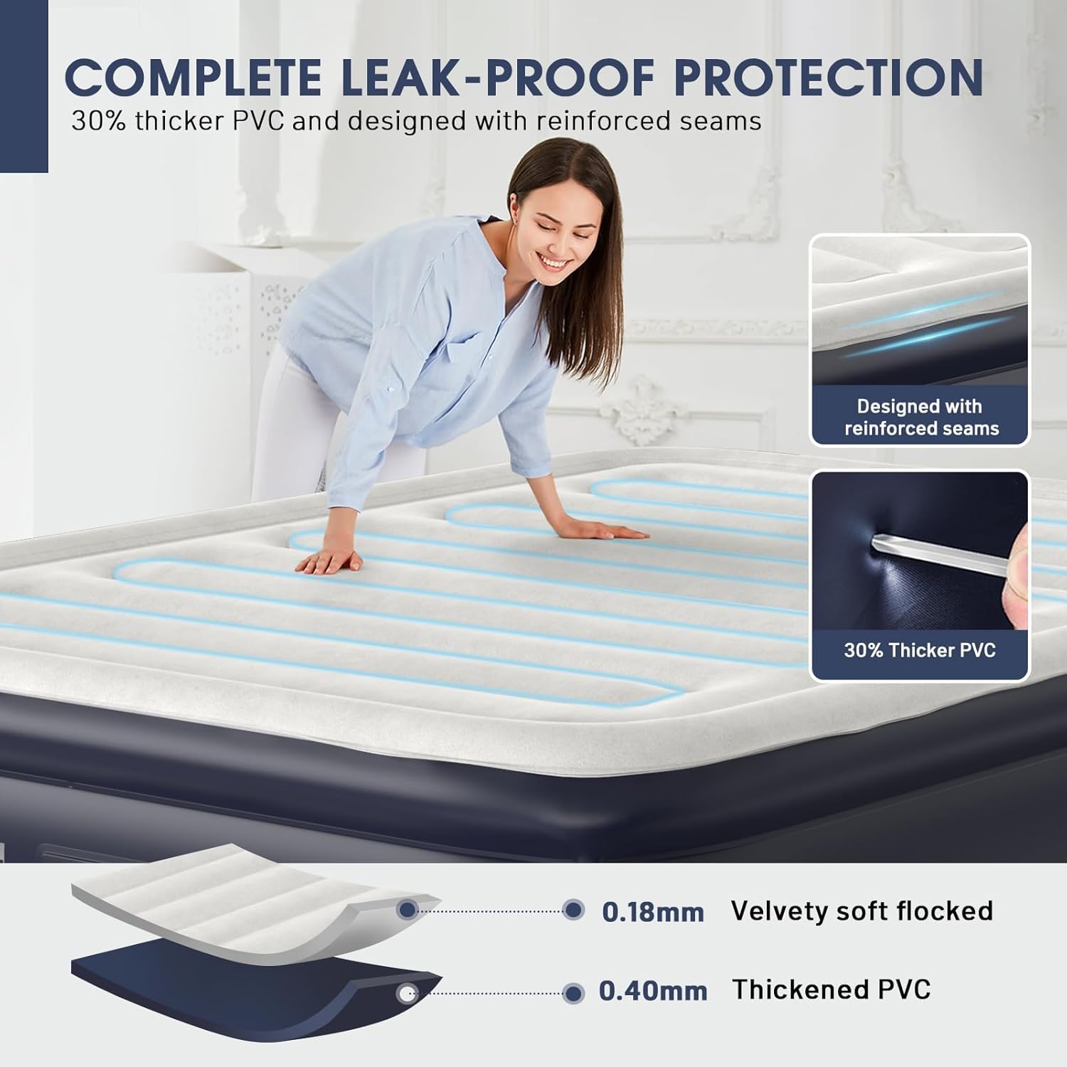 18''Queen Full Air Mattress With Built In Pump,Raised Blow Up Mattress 2 Mins Self-Inflation/Deflation,Upgraded Thicker Inflatable Mattress，Air Bed with Storage Bag for Guests,Home，Camping，660 lbs Max