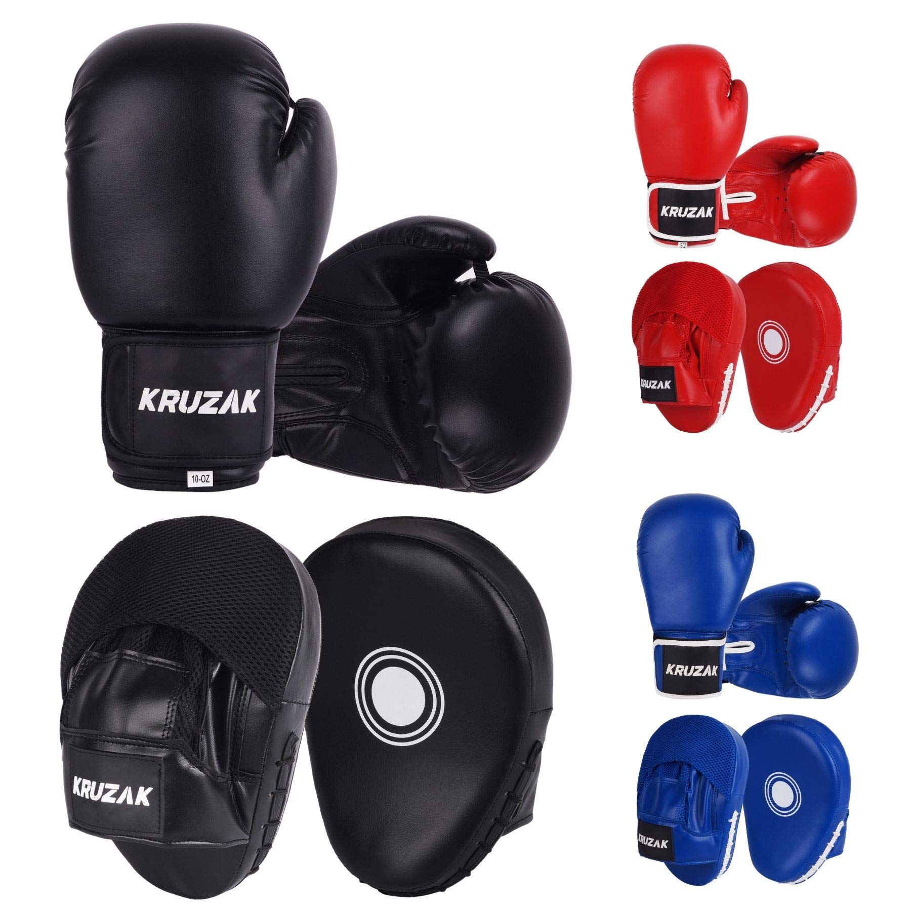 Kruzak Set di guanti da boxe e guanti da boxe per kickboxing e Muay Thai MMA Training - Kit fitness con pastiglie per arti marziali e karate (colore nero, 340,2 g)