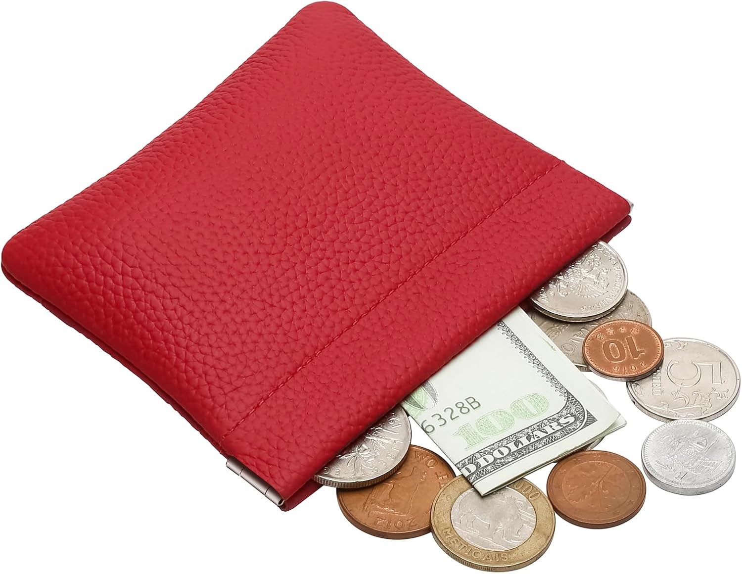 Genuine Leather Squeeze Coin Purse Pouch Change Holder For Men & Women Mini Change Purse Pouch for Pocket, Small Pouch Credit Card Key Headset Lipstick Holder (Red)
