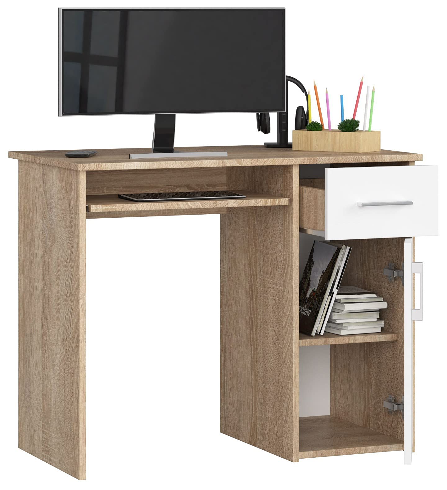 AKORD Scrivania per PC PIN con ripiano per tastiera, scrivania piccola con cassetti, scrivania per computer, scrivania da ufficio, 1 cassetto, 1 ripiano con porta, 90 x 74 x 50 cm, 29 kg, rovere