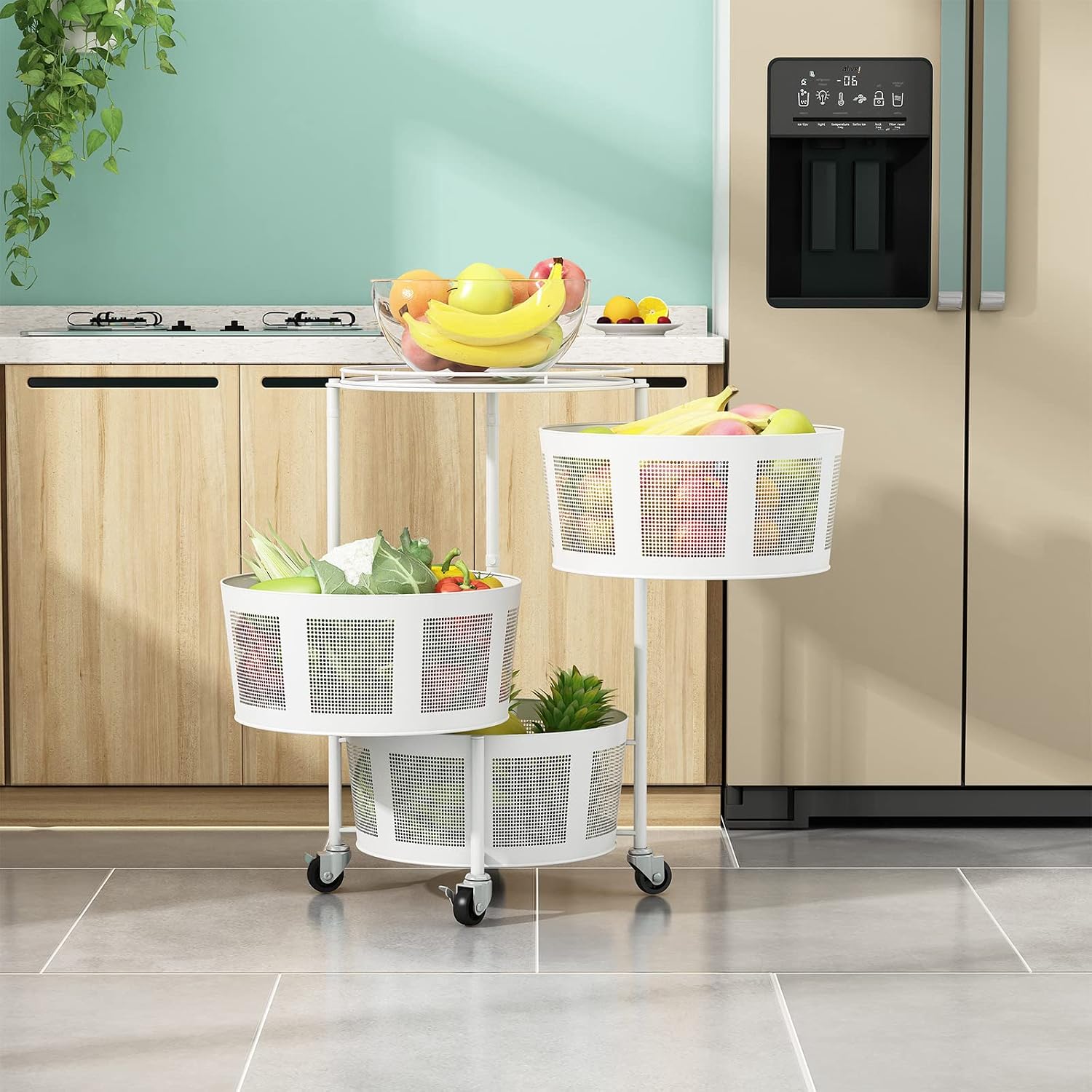MINGZHE Fruit Basket For Kitchen, Circular Rotating Basket Large Storage Rack With Wheels, Magnetic Suction Design, Fruit And Vegetable Metal Wire Shelf for Living Room, Office(White 3 layers)