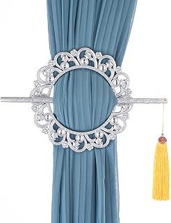 Decorative Round Curtain Tiebacks with Rod, Crystal Embellished Plastic Buckle Holdbacks, Gold, 2 Pack (Silver)